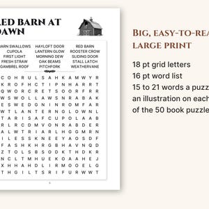 A full puzzle page showing 18 pt grid letters and a 16 pt word list