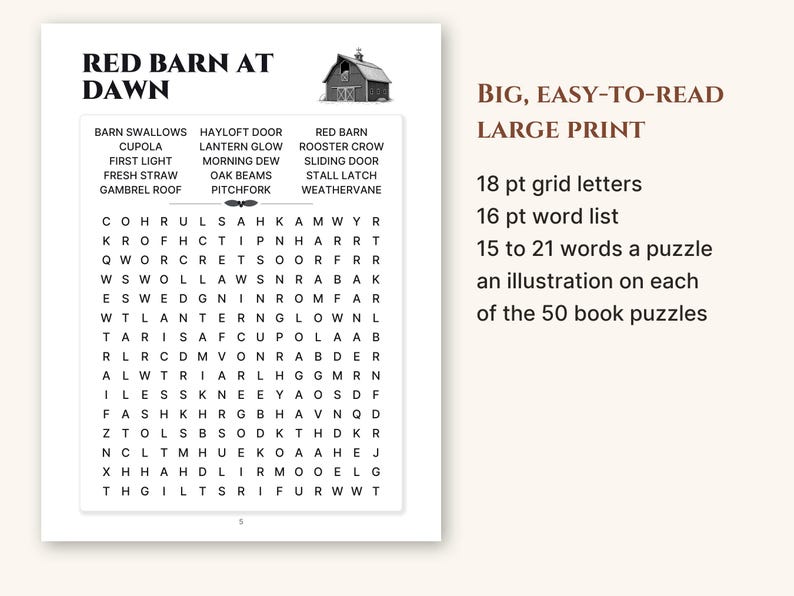 A full puzzle page showing 18 pt grid letters and a 16 pt word list