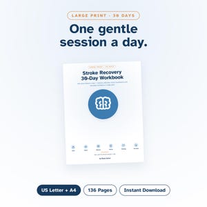 May include: A white Stroke Recovery 30-Day Workbook with large print text, a blue brain icon, and sections for memory, attention, and hand coordination. The cover features the text One gentle session a day and by Elara Grace.