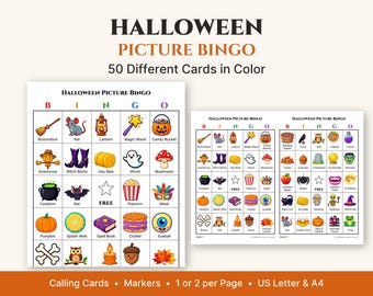 Halloween Bingo Printable, 50 Picture Bingo Cards in Color, Kids Halloween Party Game, Classroom Activity, Calling Cards, 1 or 2 per Page