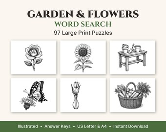 Woordzoekpuzzel Tuin & Bloemen, grote letters, 50 geïllustreerde puzzels + 47 bonuspuzzels, printbaar PDF-bestand voor volwassenen en senioren, US Letter en A4-formaat.