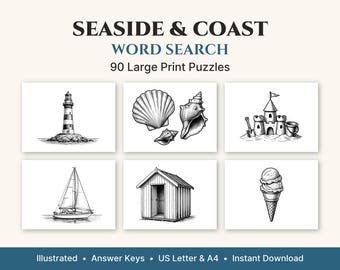 Seaside & Coast Word Search Large Print, 50 Illustrated Puzzles + 40 Bonus, Printable PDF for Adults and Seniors, US Letter and A4