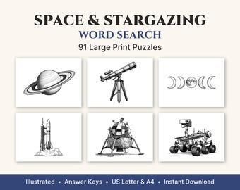 Space & Stargazing Word Search Large Print, 50 Illustrated Puzzles + 41 Bonus, Printable PDF for Adults and Seniors, US Letter and A4