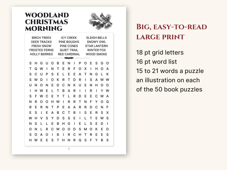 A full puzzle page showing 18 pt grid letters and a 16 pt word list