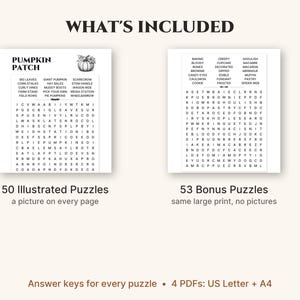 Caça-palavras de Outono e Halloween em Letra Grande, 50 Quebra-cabeças Ilustrados + 53 Bônus, PDF para Imprimir para Adultos e Idosos, Formato Carta (EUA) e A4 imagem 3