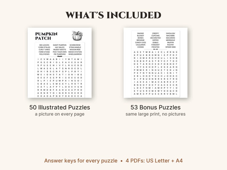Caça-palavras de Outono e Halloween em Letra Grande, 50 Quebra-cabeças Ilustrados + 53 Bônus, PDF para Imprimir para Adultos e Idosos, Formato Carta (EUA) e A4 imagem 3