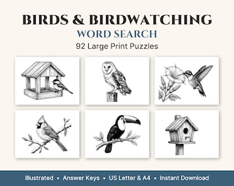 Birds & Birdwatching Word Search Large Print, 50 Illustrated Puzzles + 42 Bonus, Printable PDF for Adults and Seniors, US Letter and A4