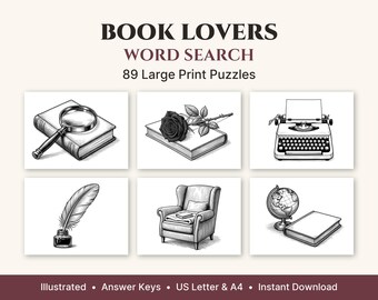 Book Lovers Word Search Large Print, 50 Illustrated Puzzles + 39 Bonus, Printable PDF for Adults & Seniors, US Letter and A4