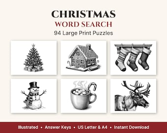 Kerstwoordzoekpuzzel in grote letters, 50 geïllustreerde puzzels + 44 bonuspuzzels, printbaar PDF-bestand voor volwassenen en senioren, US Letter en A4-formaat.