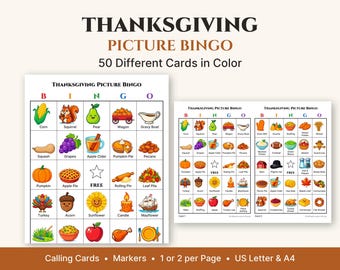 Thanksgiving Bingo Printable, 50 Picture Bingo Cards in Color, Family Thanksgiving Game, Friendsgiving, Classroom Activity, 1 or 2 per Page