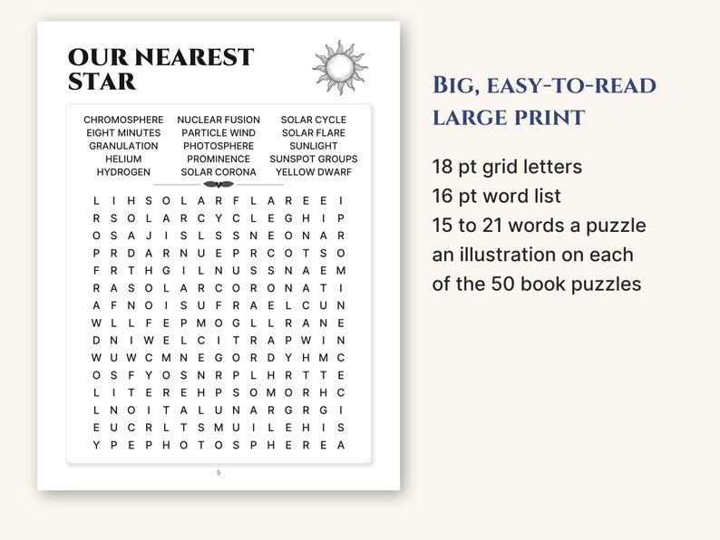 A full puzzle page showing 18 pt grid letters and a 16 pt word list