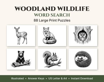 Woodland Wildlife Word Search Large Print, 50 Illustrated Puzzles + 38 Bonus, Printable PDF for Adults & Seniors, US Letter and A4