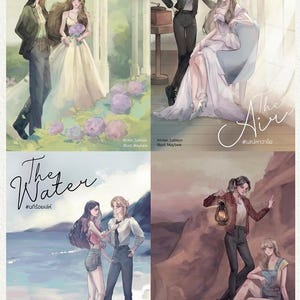Könnte beinhalten: Vier Buchcover mit Illustrationen von Frauen, die jeweils ein Element darstellen: Erde, Luft, Wasser und Feuer. Die Cover zeigen stilisierte Kunstwerke mit Titeln in Schreibschrift und thailändischem Text. Künstler und Autor werden am unteren Rand jedes Covers genannt.