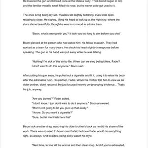 May include: Page 2 of a book with black text on a white background. The text is a short story with dialogue. The story includes the phrases "It's over," "Bison, what's wrong with you?" and "Next time, let me kill the animal."