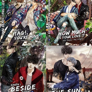 以下が含まれることがあります： 若い男性のイラストが描かれた4冊の書籍の表紙。「EAST: TAG!, YOU'RE MINE」、「NORTH: HOW MUCH IS YOUR LOVE?」、「SOUTH: BESIDE THE SKY」、「WEST: THE SUN FROM ANOTHER STAR」と題されています。各表紙には、異なる男性のペアが描かれています。