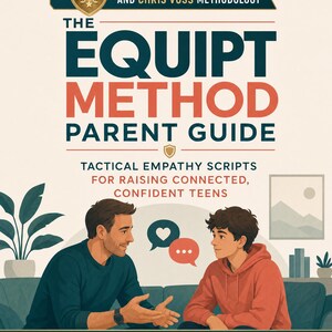 May include: A book cover titled The Equipt Method Parent Guide, featuring text about the Reid Technique and Chris Voss methodology. The illustration shows an adult and a teen sitting on a sofa with speech bubbles. Includes icons for instant download, printable PDF, and evidence-based.