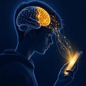May include: A digital illustration of a person in profile holding a smartphone. A glowing golden brain is superimposed over the head, with thin, luminous light trails connecting the glowing brain hemisphere to the screen of the smartphone.