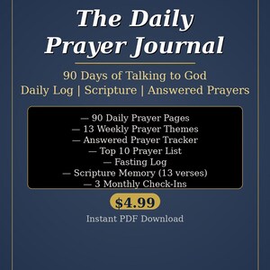 May include: A navy blue and gold digital graphic for "The Daily Prayer Journal." The journal includes 90 daily prayer pages, weekly themes, a prayer tracker, and scripture memory. The text also mentions "Instant PDF Download."