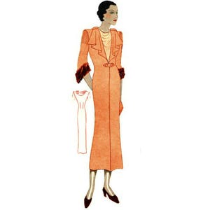 Pode incluir: Uma ilustração vintage de uma mulher vestindo um vestido longo cor de pêssego com colar e punhos de pele. O vestido tem um decote em V profundo e uma silhueta ajustada. A mulher está usando um colar e tem o cabelo puxado para trás.
