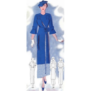 May include: A blue dress with a white and blue checked pattern on the skirt. The dress has a bow at the waist and a ruffled neckline. The dress is shown on a model wearing a blue hat and white gloves.