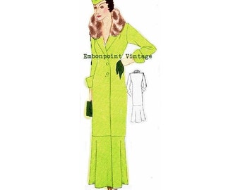 May include: A vintage illustration of a woman wearing a green dress with a fur collar and a matching hat. The dress has a fitted bodice and a flared skirt. The illustration is from Embonpoint Vintage.