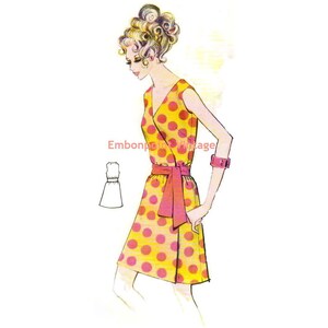 May include: A vintage sewing pattern illustration of a sleeveless wrap dress with a pink polka dot pattern on a yellow background. The dress has a V-neckline and a pink sash tied at the waist. The model is wearing a pink bracelet.
