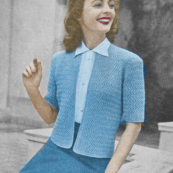 1940s 40s Forties Sweater Girl Knitting Pattern PDF Instant Download Women's Fancy Cable Knit Short Sleeve Cardigan Bolero No 5 Edythe