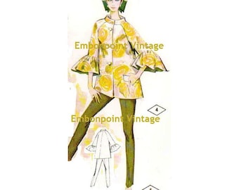 May include: A vintage sewing pattern illustration of a woman wearing a yellow and white floral print jacket with ruffled sleeves and dark green pants. The pattern is labeled "Embonpoint Vintage".