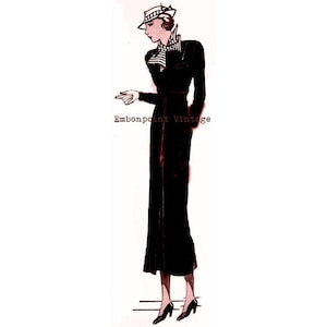 May include: A black dress with a white collar and a white and black striped scarf. The dress has a long skirt and a fitted bodice. The woman is wearing a white hat with a black band.