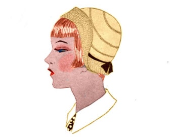 Può includere: Una donna con i capelli corti e rossi indossa un cappello cloche giallo con un nastro nero. Il cappello ha un'ampia tesa ed è leggermente inclinato di lato.