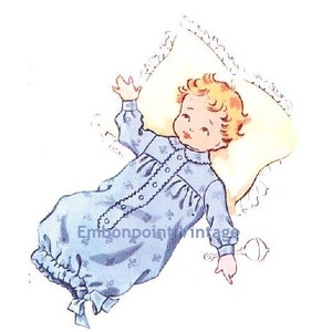 May include: A vintage illustration of a baby wearing a blue and white floral print gown, lying on a pillow with a rattle in hand.