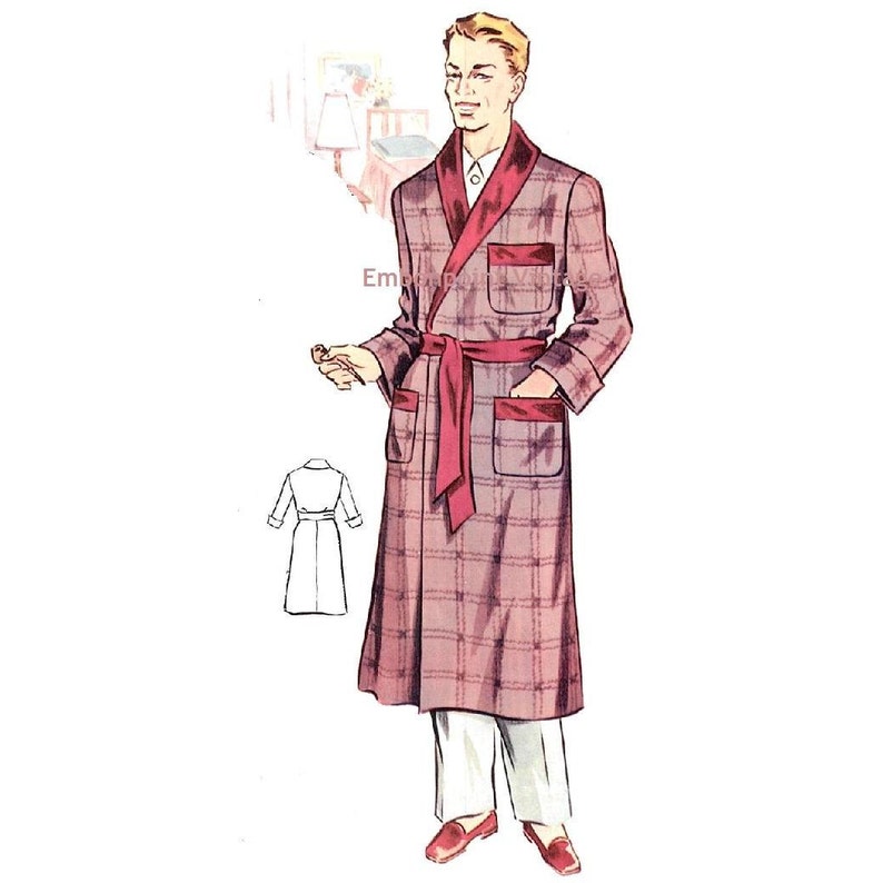 May include: A plaid robe with a red satin collar and sash. The robe has two patch pockets with red satin trim. The robe is worn over white pants and red slippers.