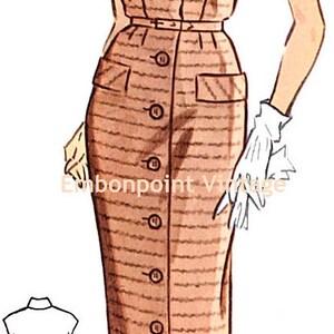 May include: A vintage illustration of a woman wearing a brown and white striped sleeveless dress with a button-down front and a belt. She is wearing white gloves and black heels. The dress has a fitted bodice and a slightly flared skirt.