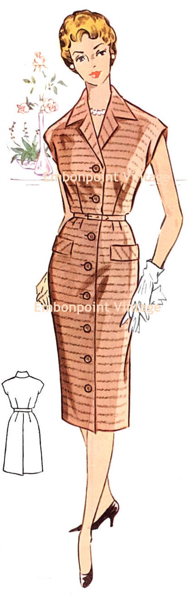 May include: A vintage illustration of a woman wearing a brown and white striped sleeveless dress with a button-down front and a belt. She is wearing white gloves and black heels. The dress has a fitted bodice and a slightly flared skirt.