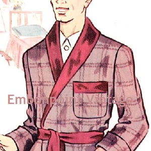 May include: A plaid robe with a red velvet collar and matching trim. The robe has a sash tie and two patch pockets.