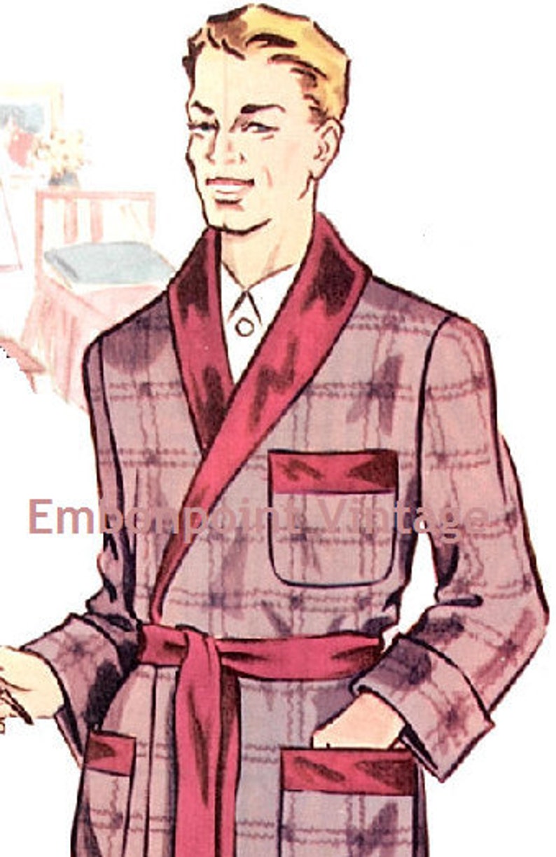May include: A plaid robe with a red velvet collar and matching trim. The robe has a sash tie and two patch pockets.