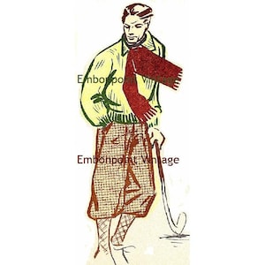 Puede incluir: Una ilustración vintage de un hombre con un suéter amarillo, una bufanda roja, pantalones de cuadros marrones y sosteniendo un palo de golf. La ilustración está en estilo de dibujos animados.