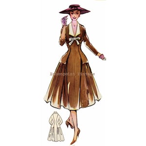 Peut inclure: Une illustration vintage d'une femme portant une robe brune avec un col blanc et un nœud. Elle porte un chapeau et des gants. La robe a une jupe ample et un corsage ajusté. L'illustration est dans un style rétro.