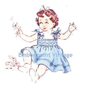 May include: A vintage illustration of a young girl wearing a blue dress with white straps and a white bow in her hair. She is holding a bunch of flowers in her hand.