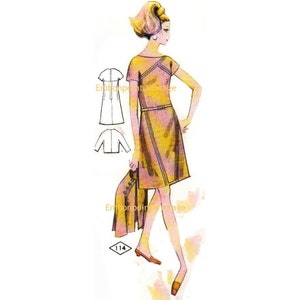 May include: A vintage sewing pattern for a dress and jacket. The dress is yellow with a diagonal stripe pattern and the jacket is white. The pattern number is 114.