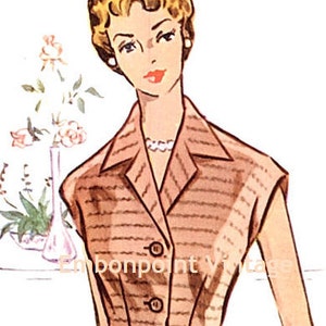 May include: A vintage illustration of a woman wearing a sleeveless dress with a striped pattern. The dress has a collared neckline, a button closure, and a belt at the waist. The woman has blonde hair and is wearing a pearl necklace.