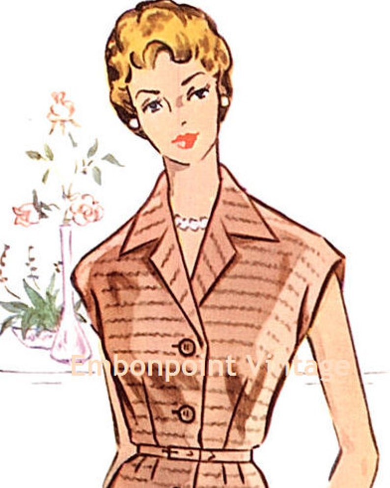 May include: A vintage illustration of a woman wearing a sleeveless dress with a striped pattern. The dress has a collared neckline, a button closure, and a belt at the waist. The woman has blonde hair and is wearing a pearl necklace.