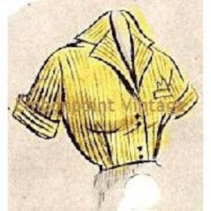May include: A yellow striped blouse with a collar and short sleeves. The blouse has a button closure and a small pocket on the left side.