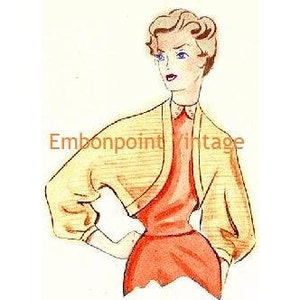 May include: A vintage illustration of a woman wearing a light yellow cardigan with a striped pattern. The cardigan has long sleeves and a slightly cropped length. The woman is wearing a red dress underneath the cardigan.