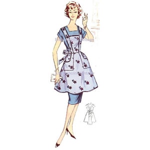 May include: A vintage sewing pattern for a blue and white floral apron with a tie waist and pockets. The pattern includes instructions for making the apron and a matching skirt.