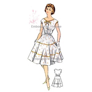 May include: A vintage sewing pattern illustration of a woman wearing a white dress with a floral print and a bow at the neckline. The dress has a fitted bodice and a full skirt with a tiered design. The pattern includes a separate illustration of the back of the dress.
