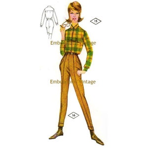 May include: A vintage sewing pattern illustration of a woman wearing a yellow and green plaid shirt and brown pants. The pattern numbers are 15 and 16.