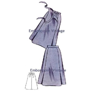 May include: A vintage sewing pattern for a skirt and top. The pattern is for a skirt with a gathered waist and a top with a gathered neckline. The pattern is printed on a white background with blue lines.
