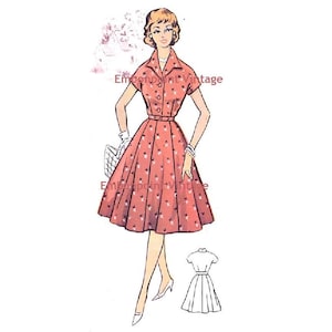 Pode incluir: Ilustração vintage de um padrão de costura de uma mulher vestindo um vestido de manga curta abotoado com uma saia cheia. O vestido é estampado com um pequeno padrão floral branco sobre um fundo rosa. O padrão inclui uma ilustração separada do vestido em branco.