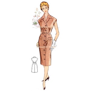May include: A vintage illustration of a woman wearing a brown and white striped dress with a button-down front and a belt. The dress has a collar and short sleeves. The woman is wearing white gloves and black heels.